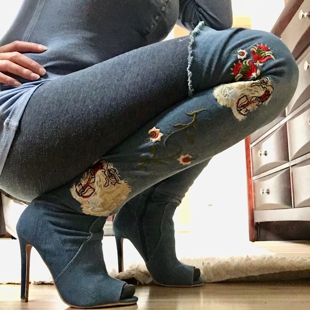 Thigh high denim heel boots